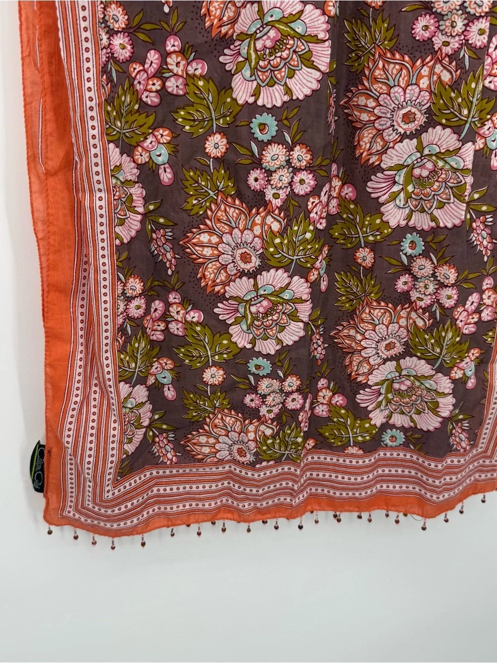 Brown Floral Print Scarf Long Beaded Fringe Boho Wrap Accessory Orange